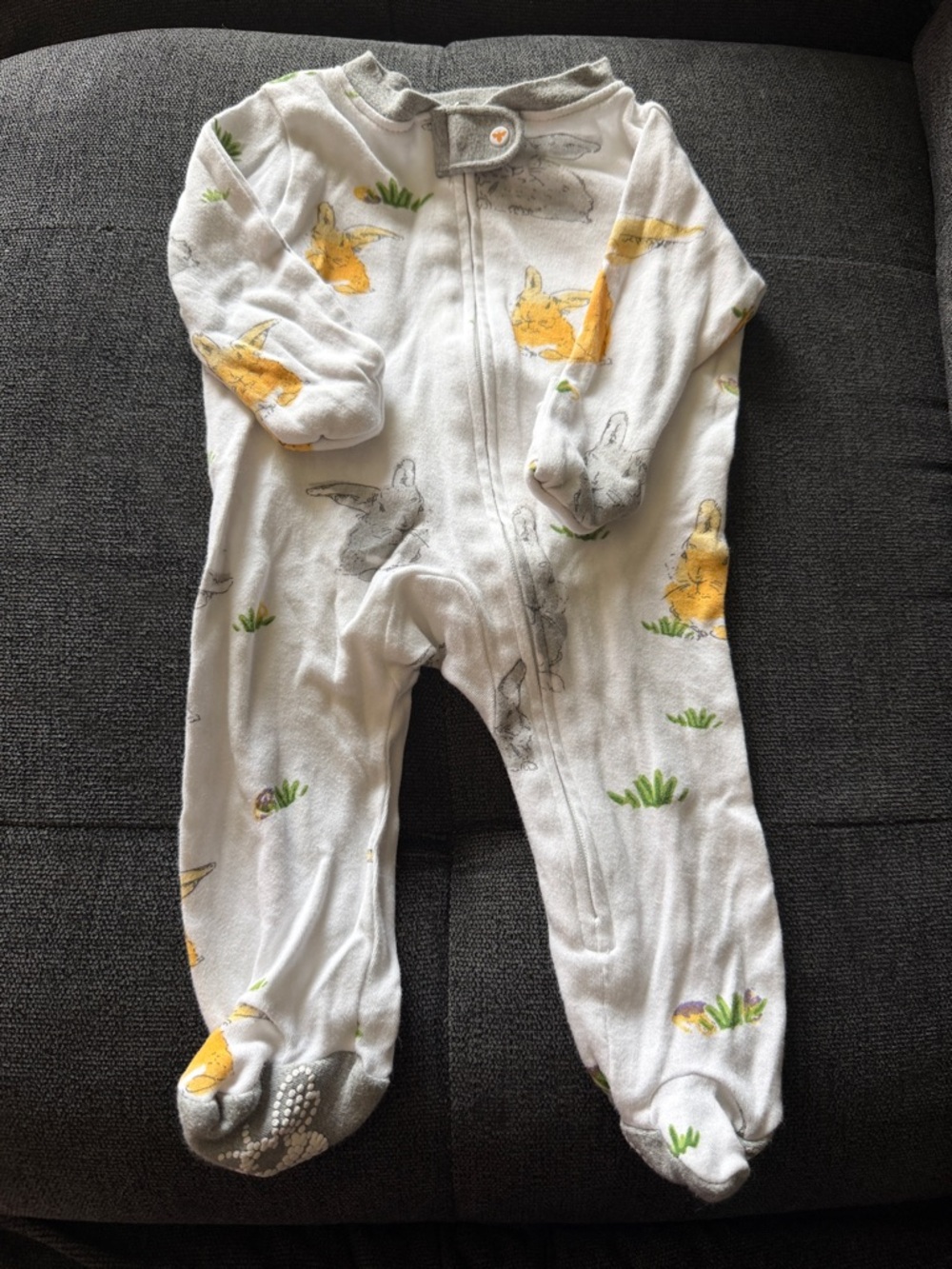 Newborn- One-Piece Footed Sleeper in White with Yellow & Gray Bunny Print